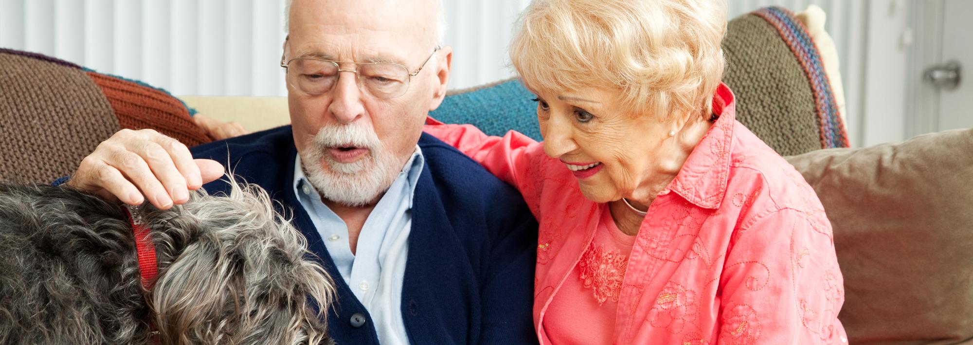 An older couple enjoying time at home with a pet dog